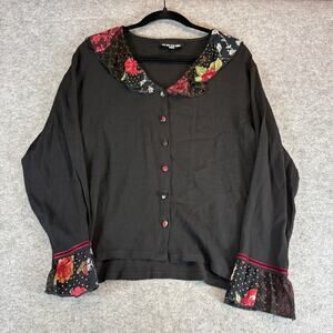 VINTAGE 90s Froxx Blouse Top Womens Small Black Floral Button Up Cottagecore